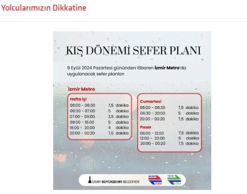 İzmir'de 11 Eylül Metro Seferleri Kış Seferlerine Geçiş!00